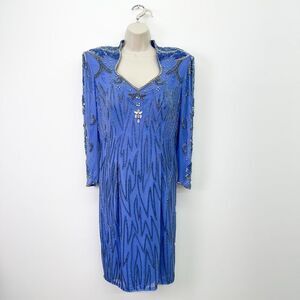 Niteline Women’s Blue Vintage 80s All Over Beaded Power Shoulder Long Sleeved Co